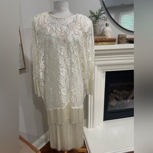 Vintage Nightworks Ivory Lace Fringe Midi Dress 80s Gatsby Flapper Size 14
